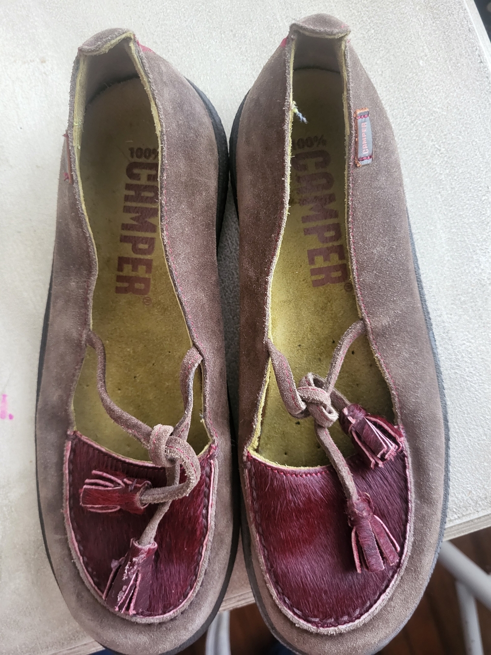 Camper Suede Loafers with Tassel Accent in Brown and Burgundy